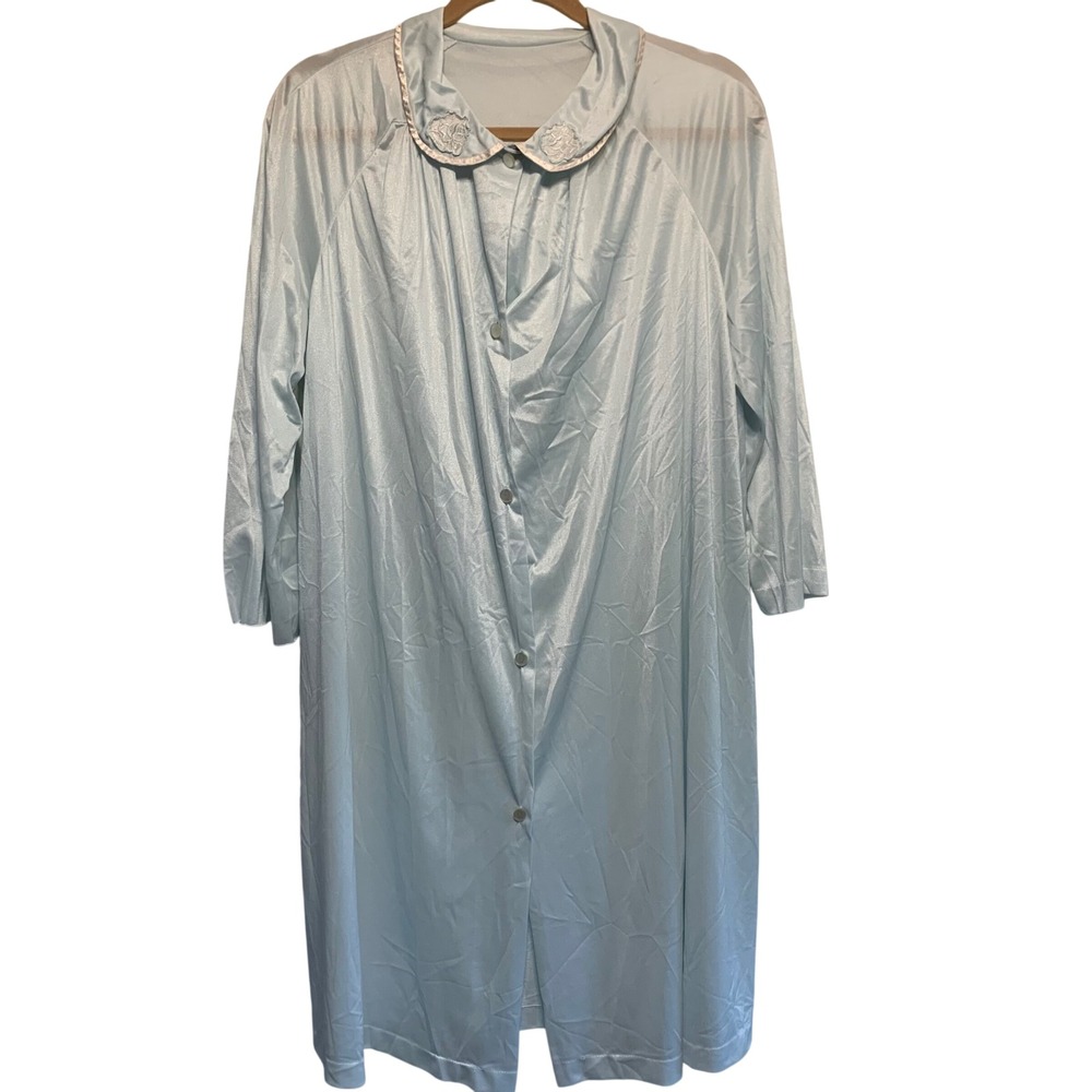 VTG Silky Robe Large Light Pastel Blue Embroidered Nylon Retro Dainty Coquette